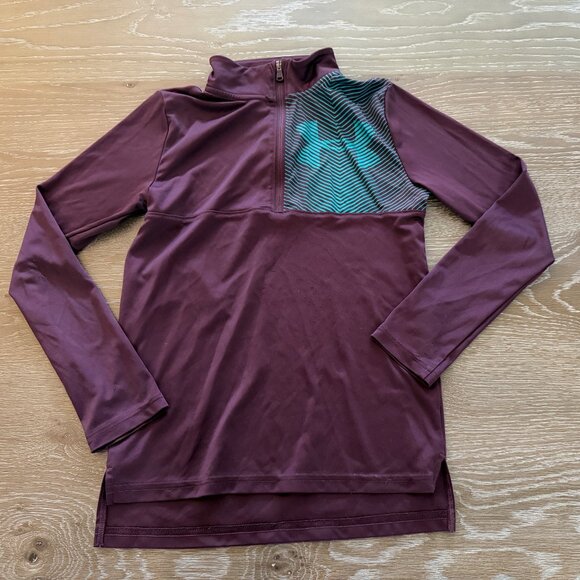 Boys Burgundy/Teal Under Armour long sleeve 1/4 zip shirt top size YMD Medium - Picture 1 of 2